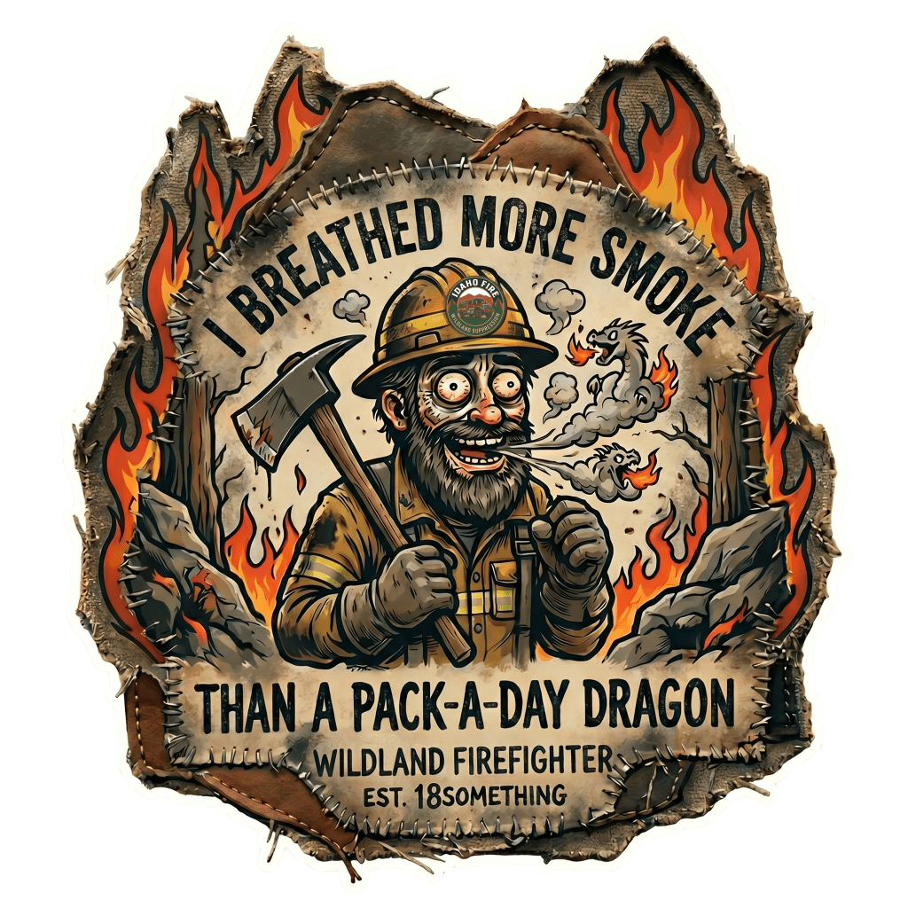 Cartoon illustration of a rugged, soot-covered wildland firefighter holding an axe, surrounded by flames with the text "I Breathed More Smoke Than A Pack-A-Day Dragon."